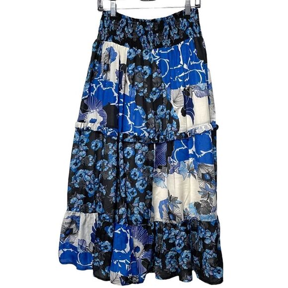 NWT CHRISTIAN SIRIANO Blue Flora Patchwork Full Maxi Skirt M - Picture 1 of 7